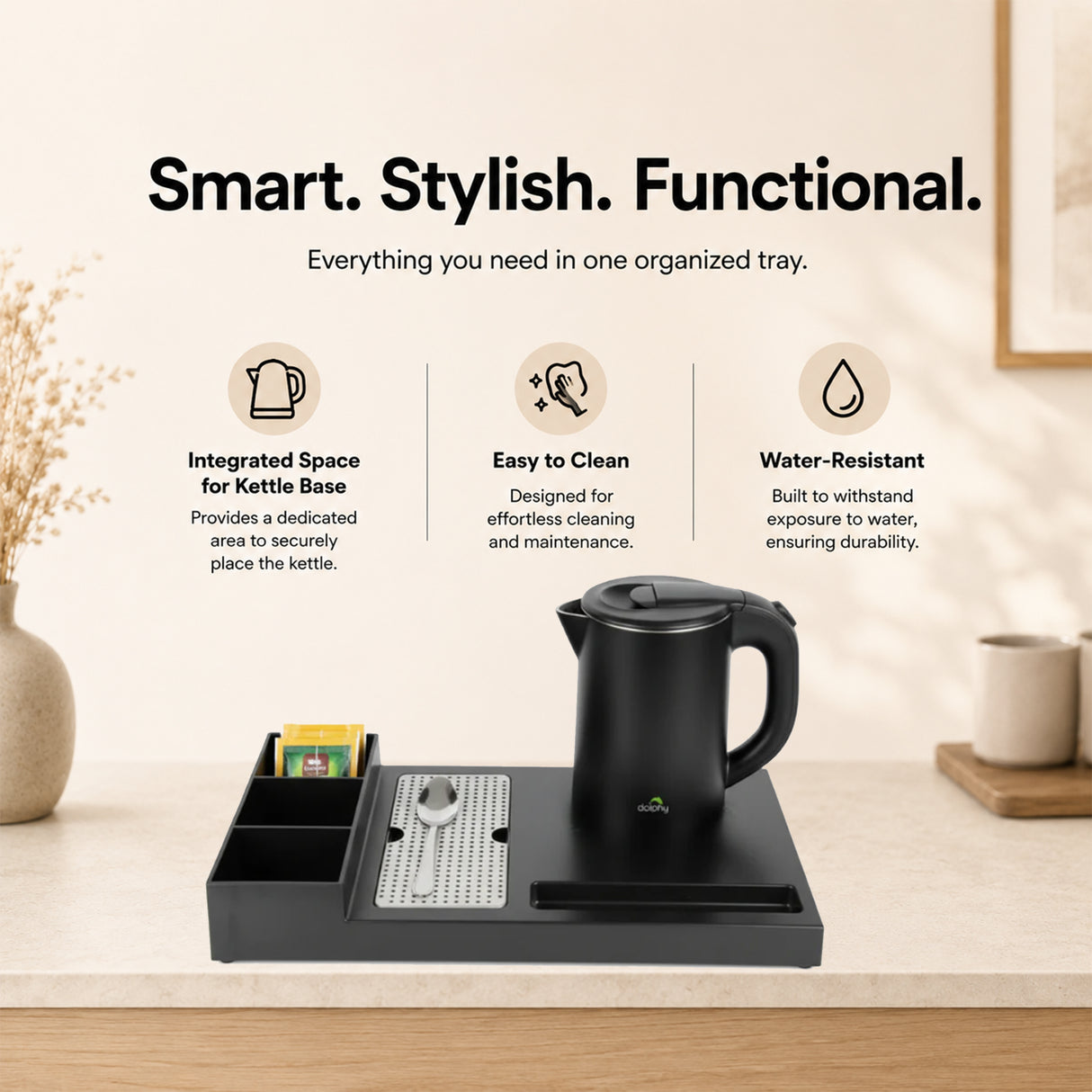 Dolphy Black ABS Kettle Tray – Water-Resistant Hospitality Tray with Kettle Base Slot & Sachet Compartments for Hotel Rooms & Kitchen Use