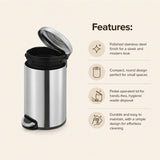 Dolphy 5L Stainless Steel Round Pedal Bin – Compact Foot Pedal Trash Can for Bathroom, Office, Hotel & Washroom Use – Silver Finish