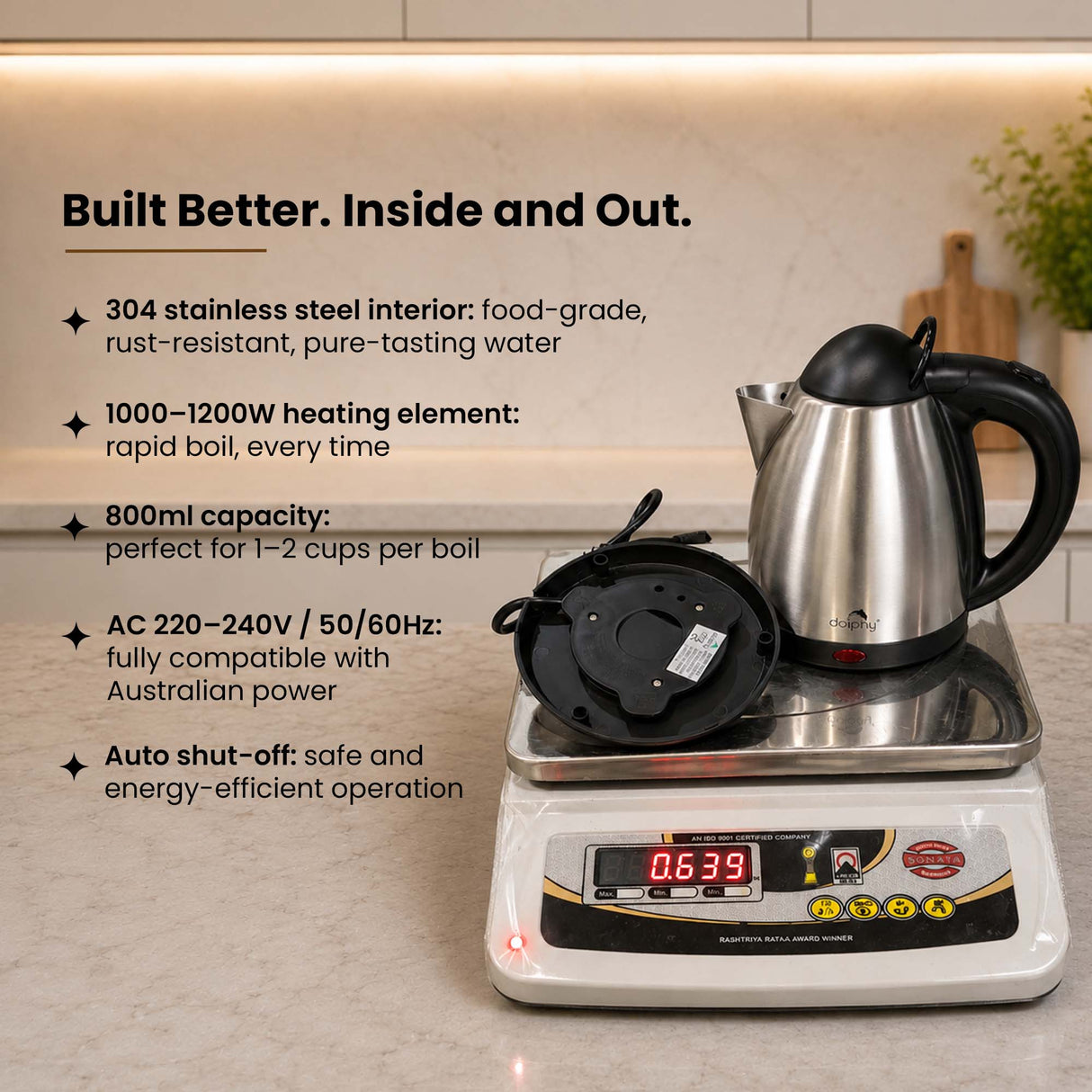 Dolphy 800ml Stainless Steel Electric Kettle – 360 Swivel Base, Fast Boil, Auto Shut-Off, Food-Grade Build, Compact Travel Kettle for Home, Office & Hotel Use – Silver