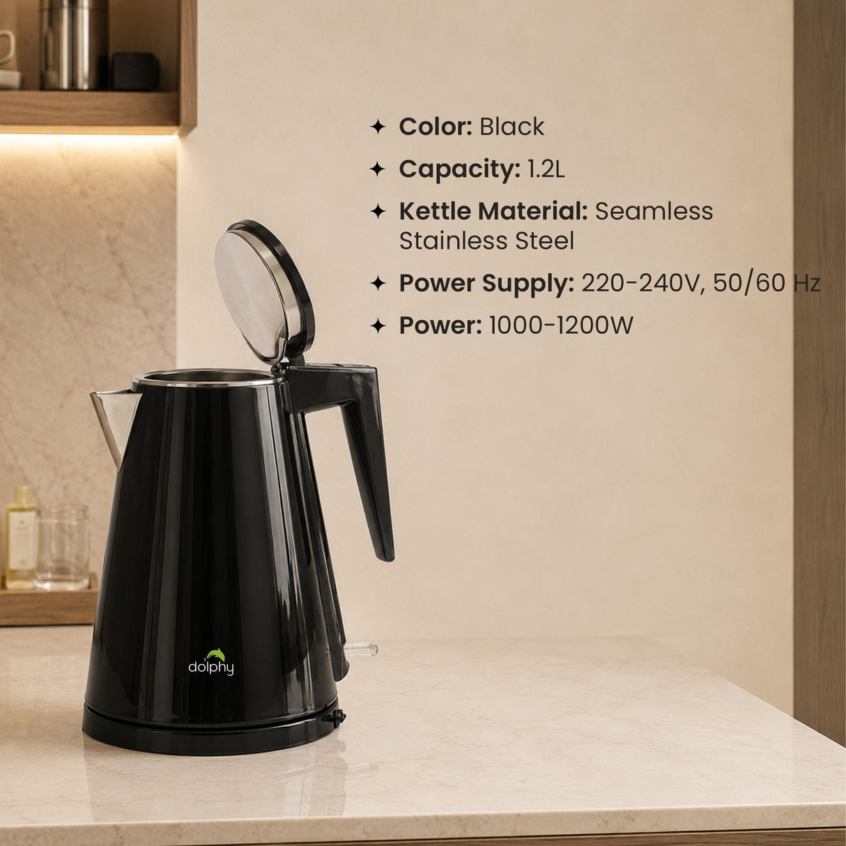 Dolphy 1.2L Double Layer Electric Kettle – Black Stainless Steel, Auto Shut-Off, Cool-Touch Body, Fast Boil, Cordless Design for Home, Office & Hotel Use