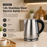 Dolphy 1.0L Electric Kettle – Stainless Steel, 1850 -2200W Fast Boil, Auto Shut-Off & Overheat Protection, Compact Hot Water Boiler for Tea & Coffee