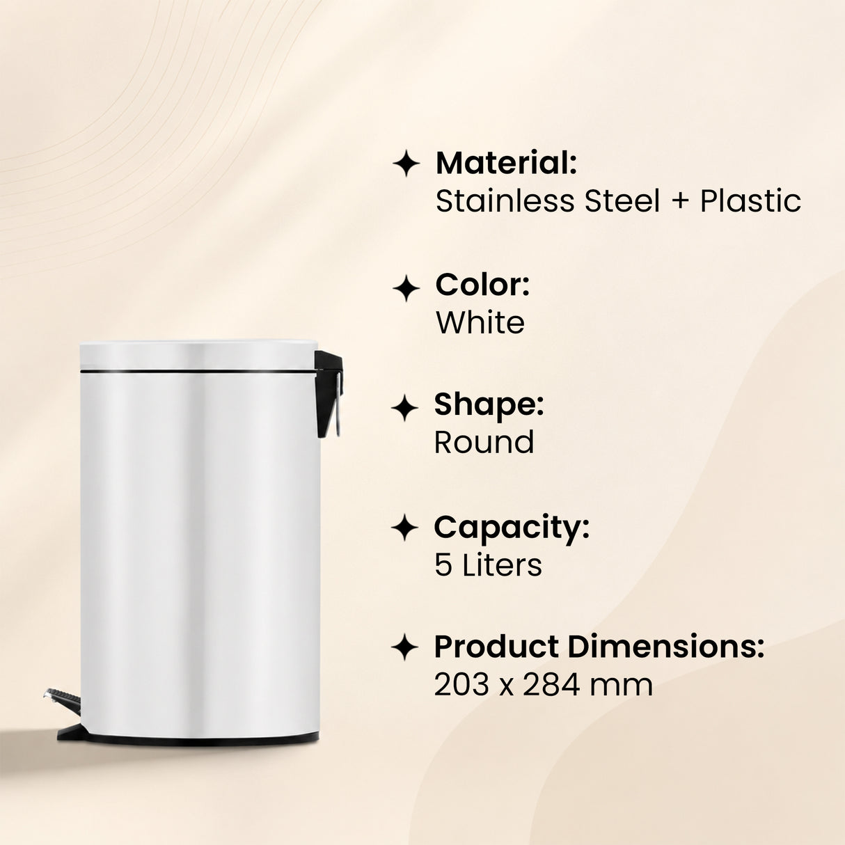 Dolphy 5L Round Pedal Bin – White Stainless Steel Waste Bin with Foot Pedal, Removable Inner Bucket, Compact Design for Bathroom, Kitchen & Office