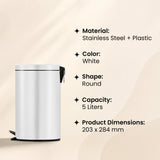 Dolphy 5L Round Pedal Bin – White Stainless Steel Waste Bin with Foot Pedal, Removable Inner Bucket, Compact Design for Bathroom, Kitchen & Office