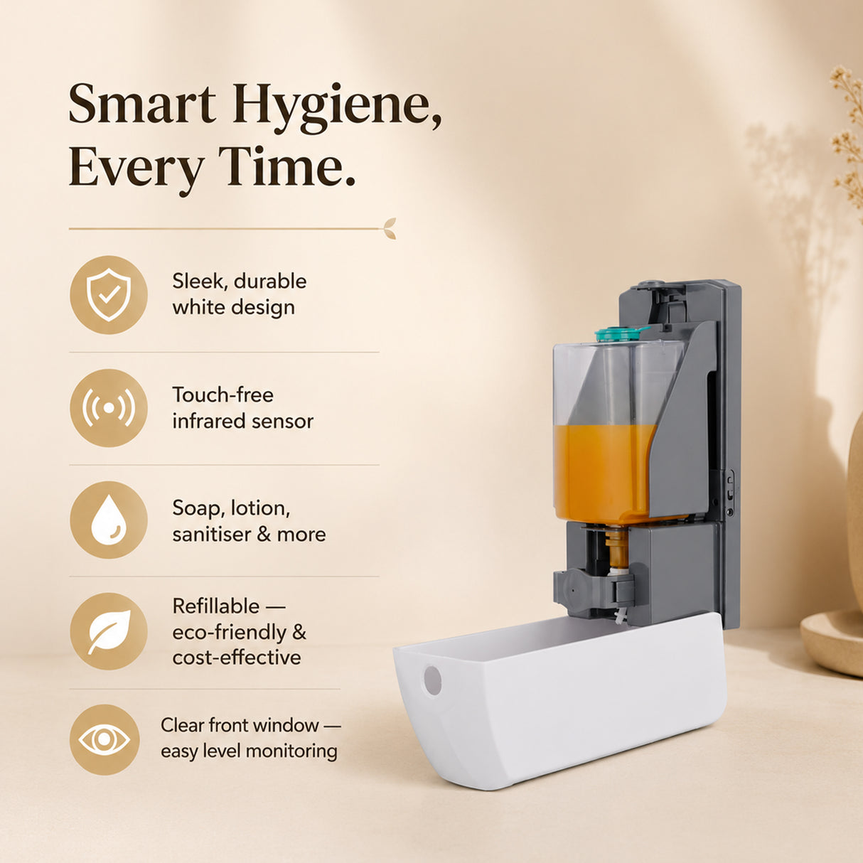Dolphy Automatic Touch-Free Soap & Sanitiser Dispenser 1000ml – White ABS, Infrared Sensor, Refillable Design for Hygienic Liquid Dispensing in Commercial & Home Use