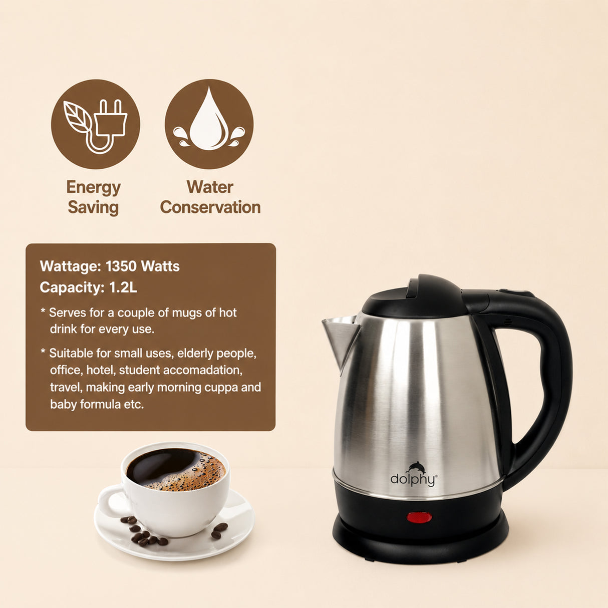 Dolphy 1.2L Electric Kettle – Stainless Steel, Fast Boil, Auto Shut-Off, 360 Swivel Base & Single-Touch Lid – Silver