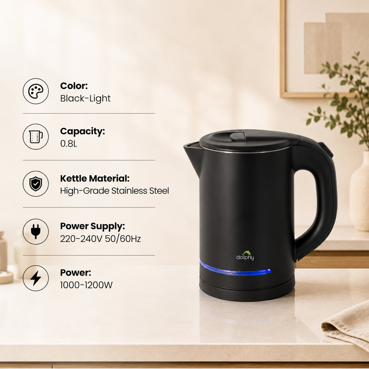Dolphy 800ml Electric Kettle – Matte Black, Double Body, Rapid Boil, Auto Shut-Off, Compact Stainless Steel Hot Water Boiler for Tea & Coffee