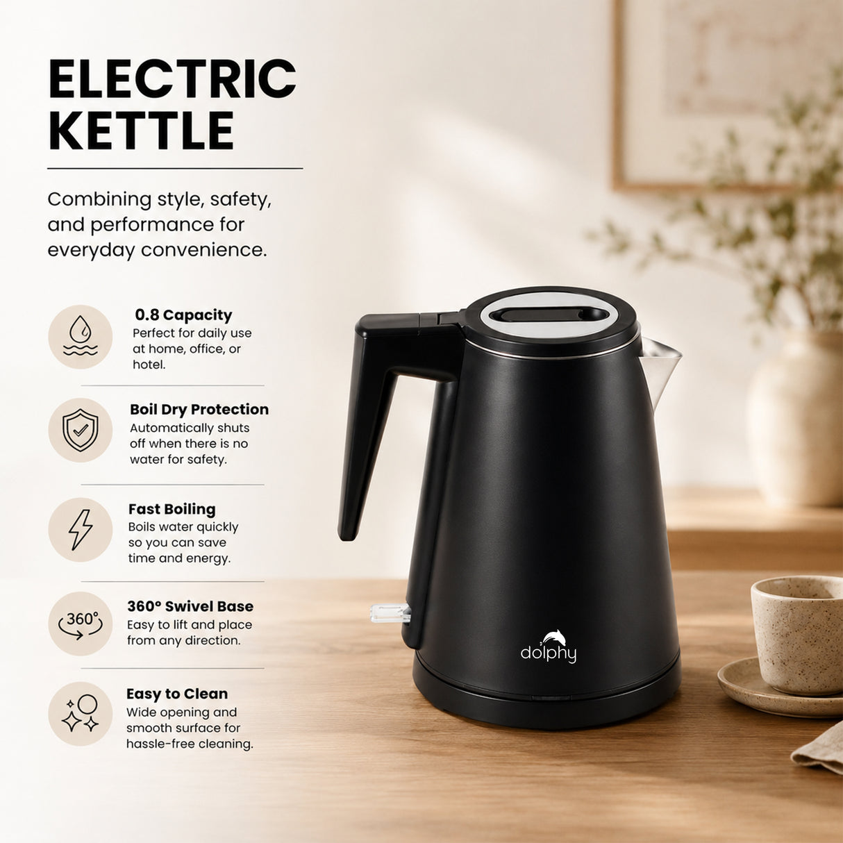 Dolphy 800ml Electric Kettle – Black Stainless Steel, Fast Boil with 360 Swivel Base, Auto Shut-Off & One-Touch Lid for Home, Hotel & Office Use