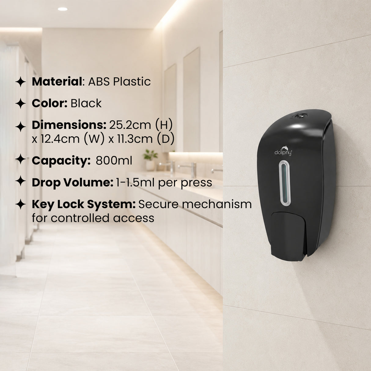 Dolphy Plaza Manual Soap-Sanitiser Dispenser 800ml – Wall Mounted Refillable ABS Unit in Black – For Liquid Soap, Sanitiser, Shampoo & Lotion