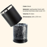 Dolphy Round Leatherette Room Bin 10L – Black Waste Bin with Stainless Steel Rim, Elegant Hotel Room Rubbish Bin, Durable & Stylish Design