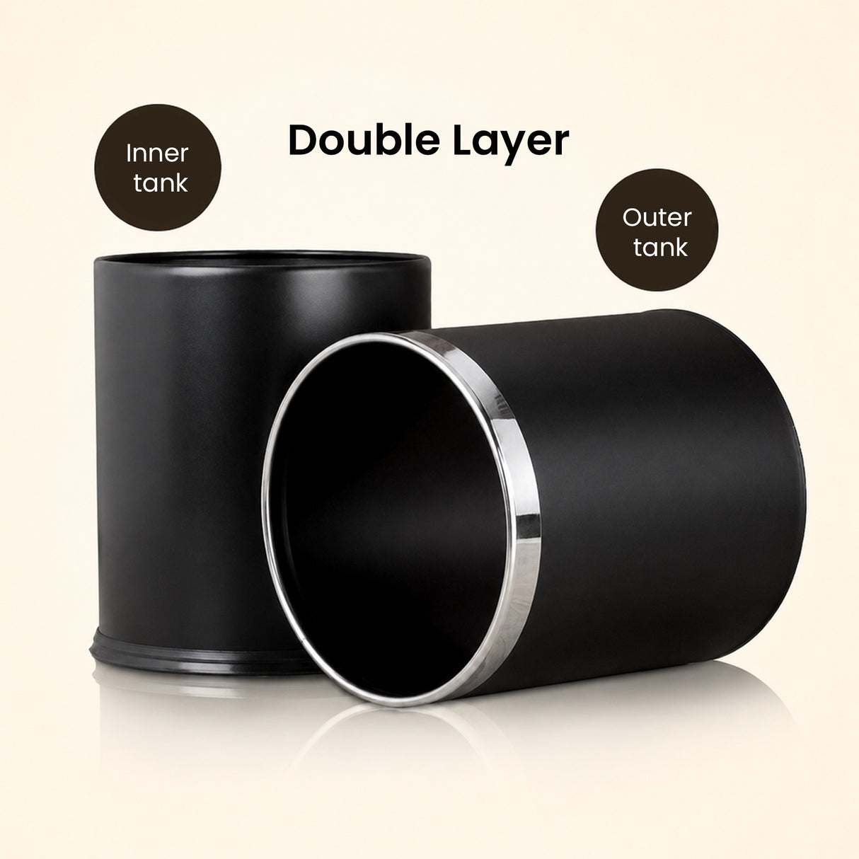 Dolphy Round Leatherette Room Bin 10L – Black Waste Bin with Stainless Steel Rim, Elegant Hotel Room Rubbish Bin, Durable & Stylish Design