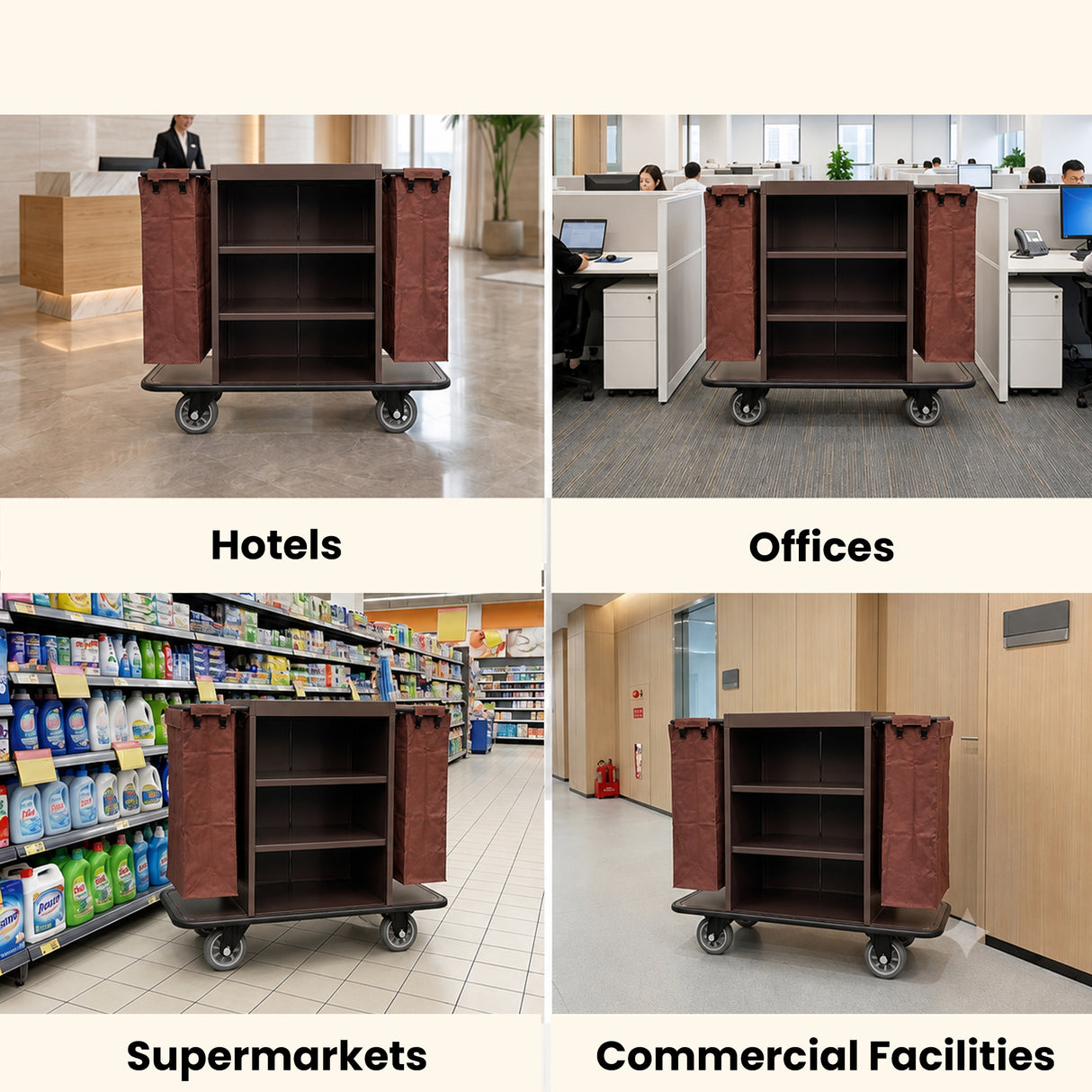 Dolphy Housekeeping Trolley Cart with Integrated Waste Bin – Brown Metal | 140x50x121cm