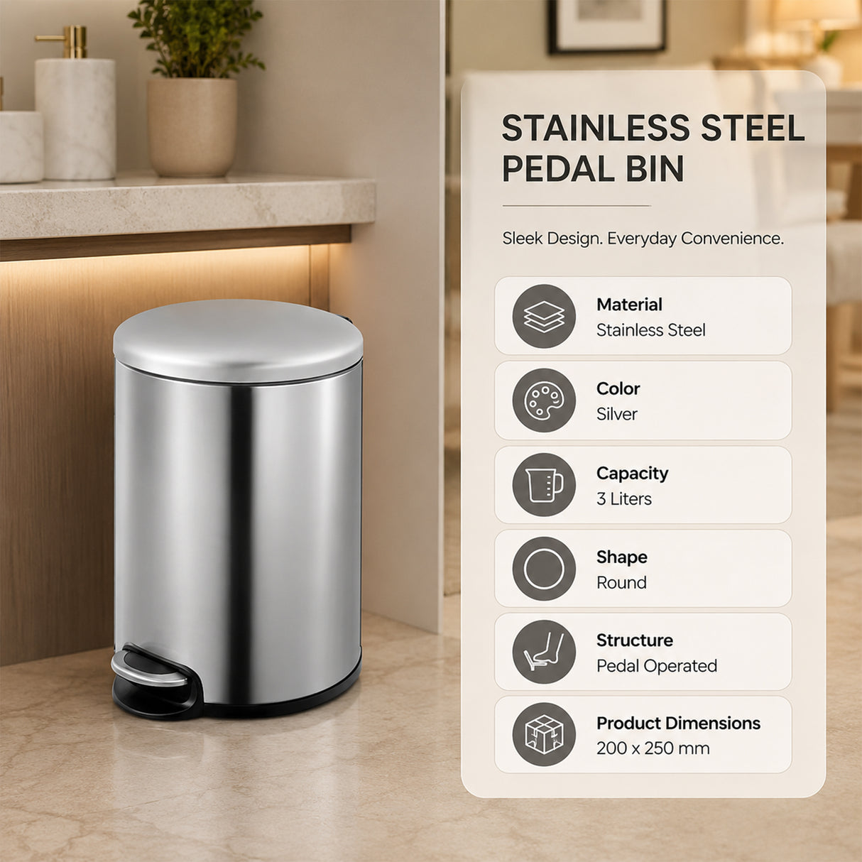 Dolphy 3L Stainless Steel Round Pedal Bin – Compact Foot Pedal Trash Can for Bathroom, Office, Hotel & Washroom – Silver Finish
