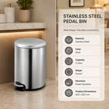 Dolphy 3L Stainless Steel Round Pedal Bin – Compact Foot Pedal Trash Can for Bathroom, Office, Hotel & Washroom – Silver Finish