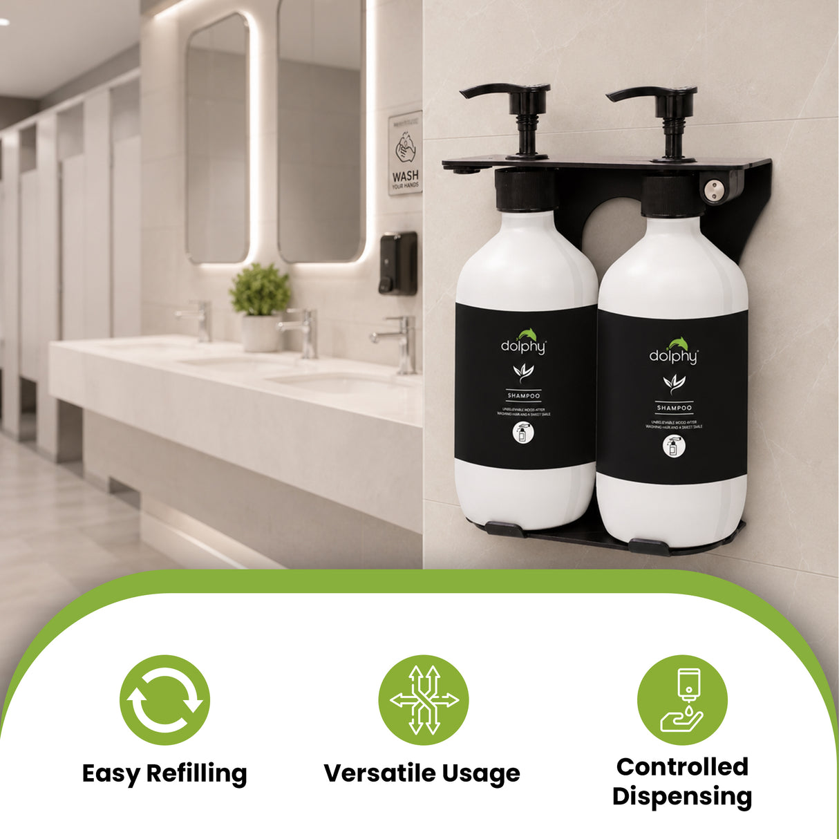 Dolphy 500ml Manual Soap Dispenser (Pack of 2) – White ABS & Steel Wall Mount, Refillable Liquid Dispensers for Bathroom, Kitchen & Commercial Use