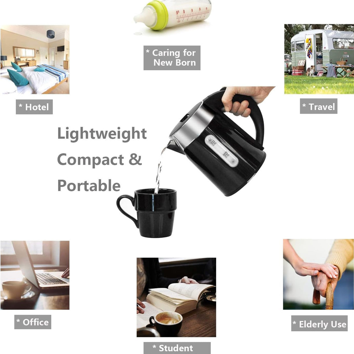 Dolphy 600ml Electric Kettle – Compact Black Stainless Steel, Fast Boil, Auto Shut-Off, 360 Swivel Base for Tea & Coffee