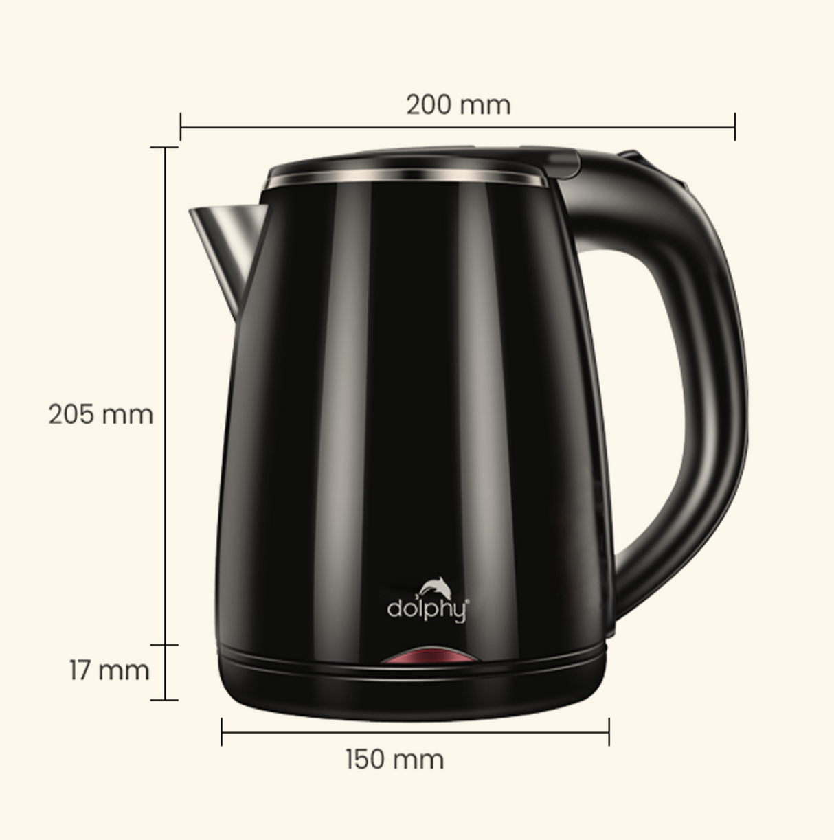 Dolphy 1.2L Electric Kettle – Quick Boil Cordless Kettle in Black, 1500–1800W, Stainless Steel & ABS for Kitchen, Hotel & Office Use