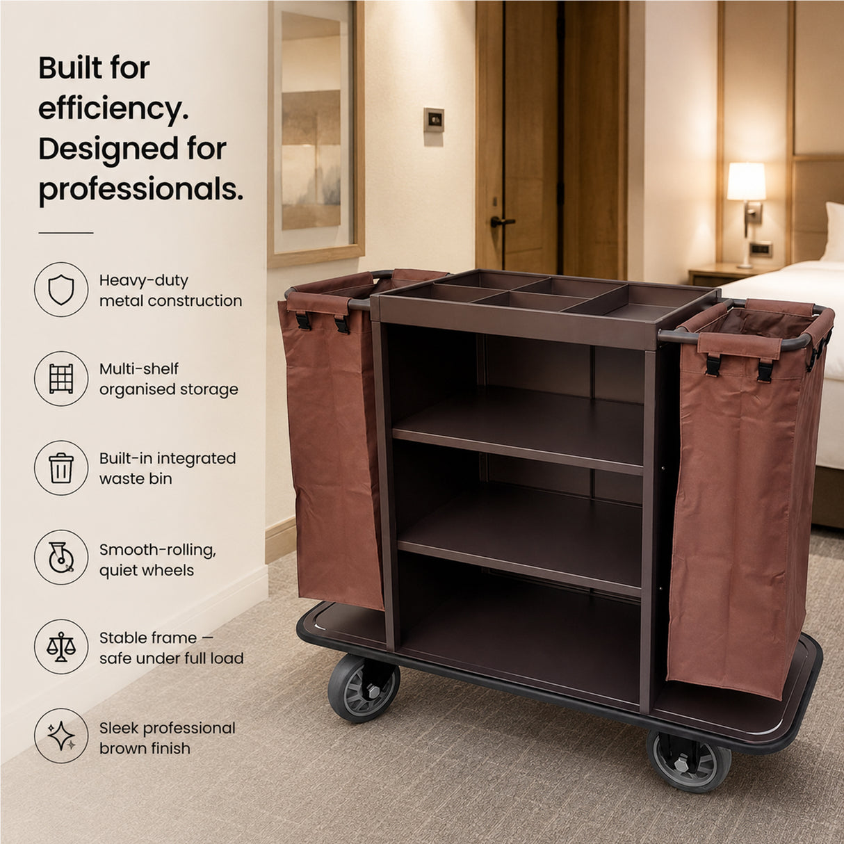 Dolphy Housekeeping Trolley Cart with Integrated Waste Bin – Brown Metal | 140x50x121cm
