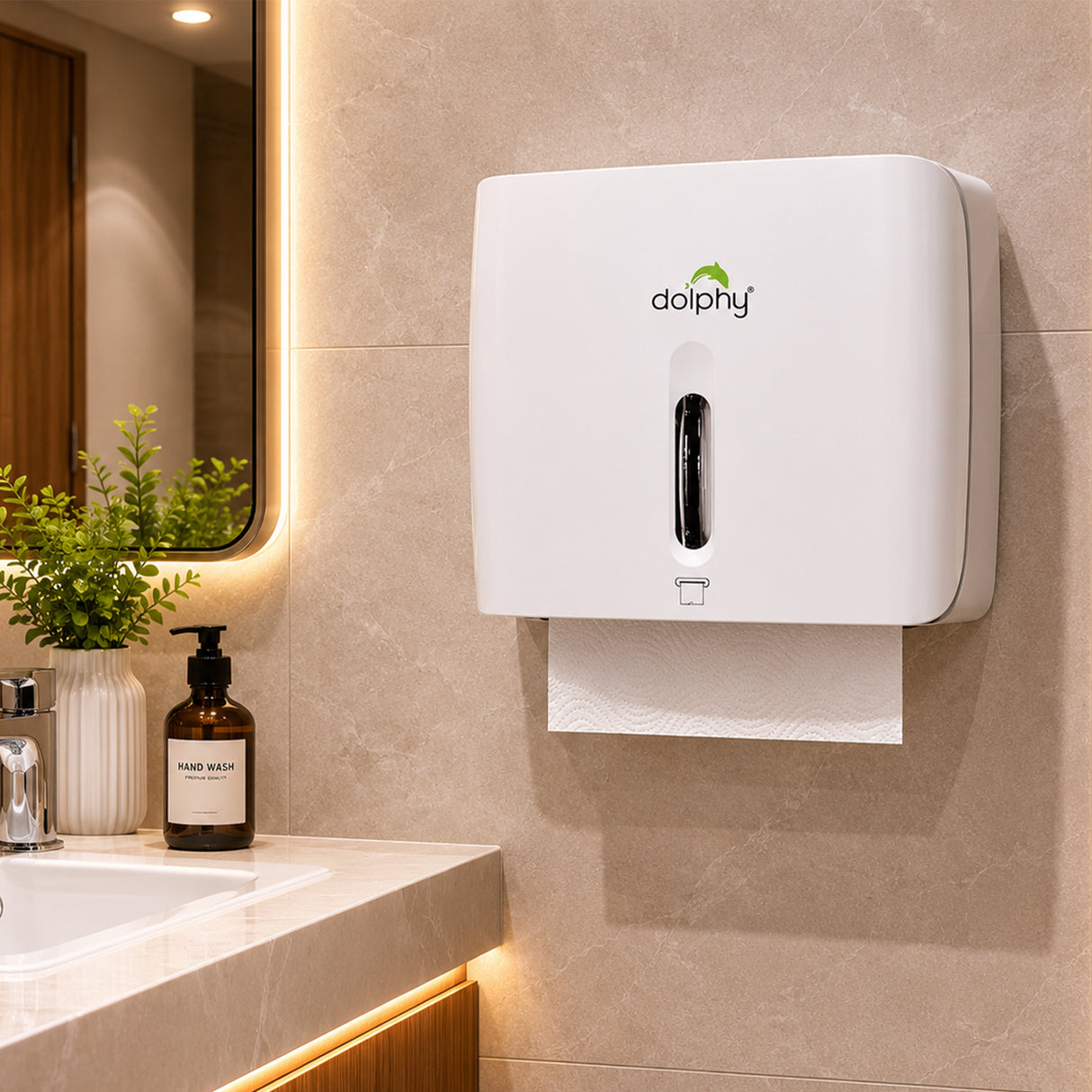 Dolphy Horizontal Slim ABS Paper Towel Dispenser – White, Lockable Wall Mount for Multi-Format Towels
