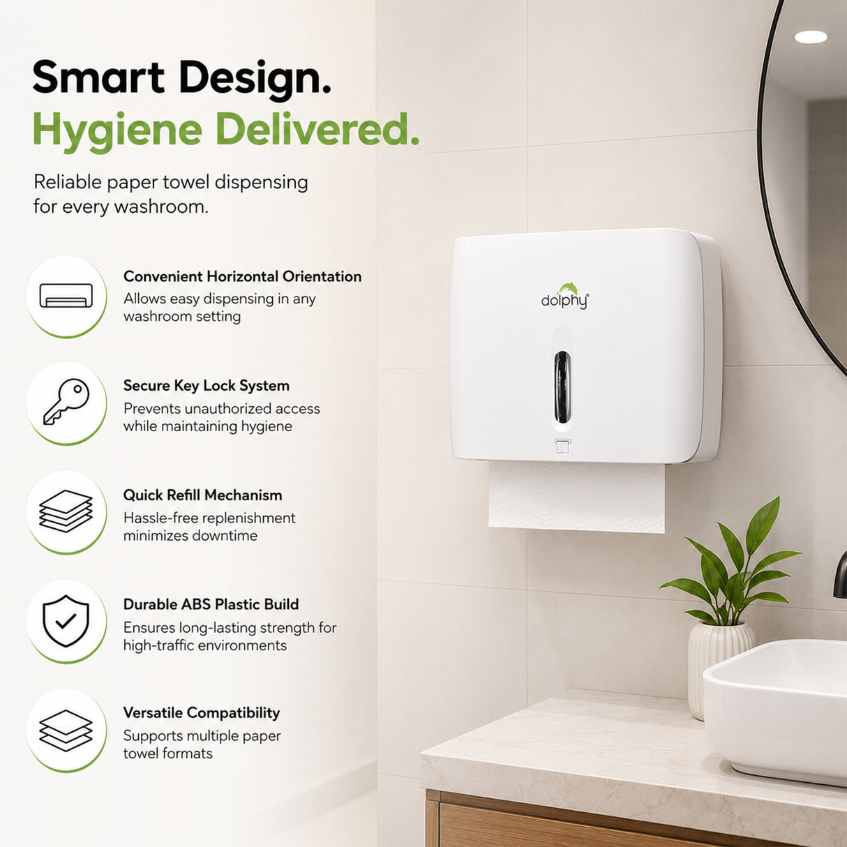 Dolphy Horizontal Slim ABS Paper Towel Dispenser – White, Lockable Wall Mount for Multi-Format Towels