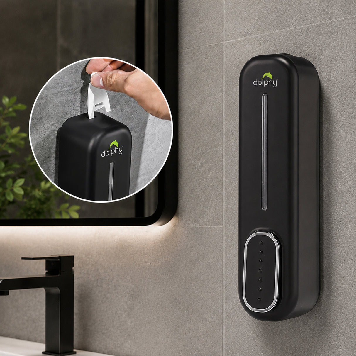 Dolphy 300ml Wall Mount Soap Dispenser – Black ABS Plastic, Manual Push, Refillable for Liquid Soap, Sanitiser, Lotion