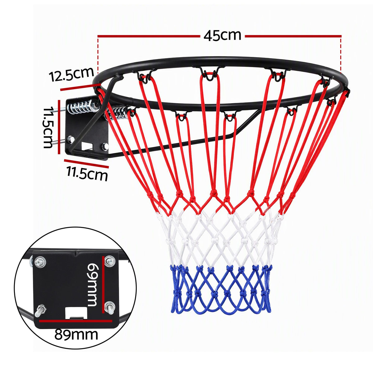 Everfit Basketball Hoop Ring 45cm Wall Mounted Steel Rim with Net and Twin Springs for Outdoor Practice Black