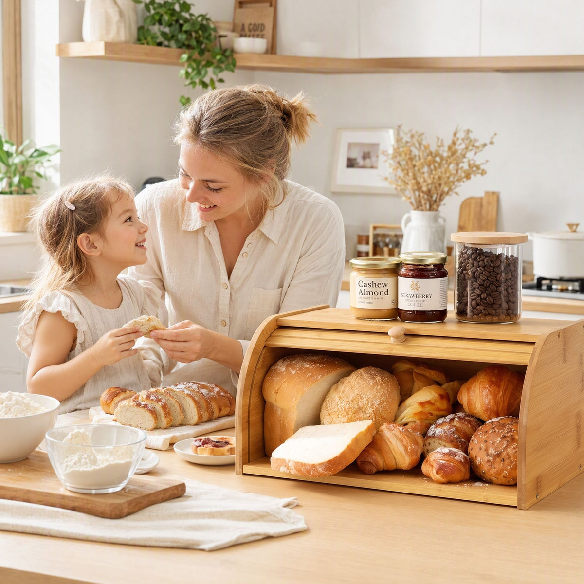 Artiss Bamboo Bread Box Bin Roll Top Kitchen Countertop Storage 45cm Natural