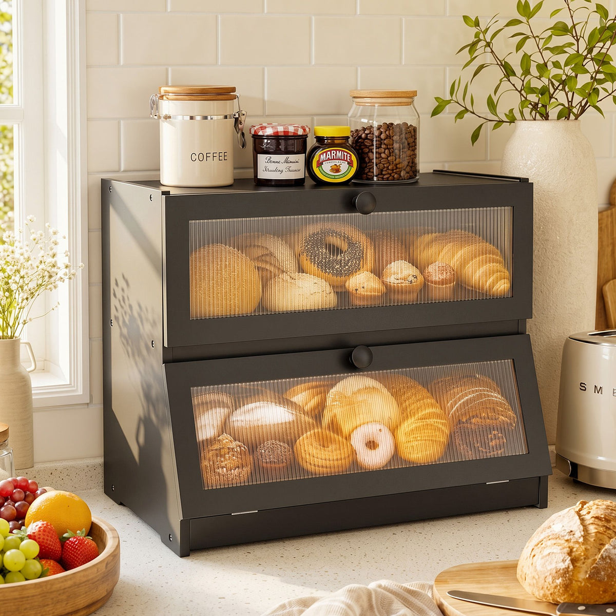 Artiss Bamboo Bread Box 2-Tier Kitchen Countertop Storage 40cm Black