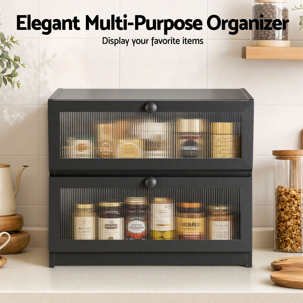 Artiss Bamboo Bread Box 2-Tier Kitchen Countertop Storage 40cm Black