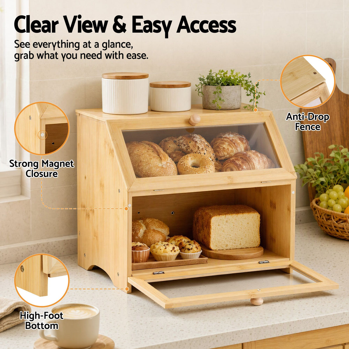 Artiss Bamboo Bread Box 2-Tier Kitchen Countertop Storage 39cm Natural