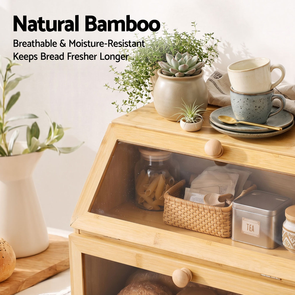 Artiss Bamboo Bread Box 2-Tier Kitchen Countertop Storage 39cm Natural