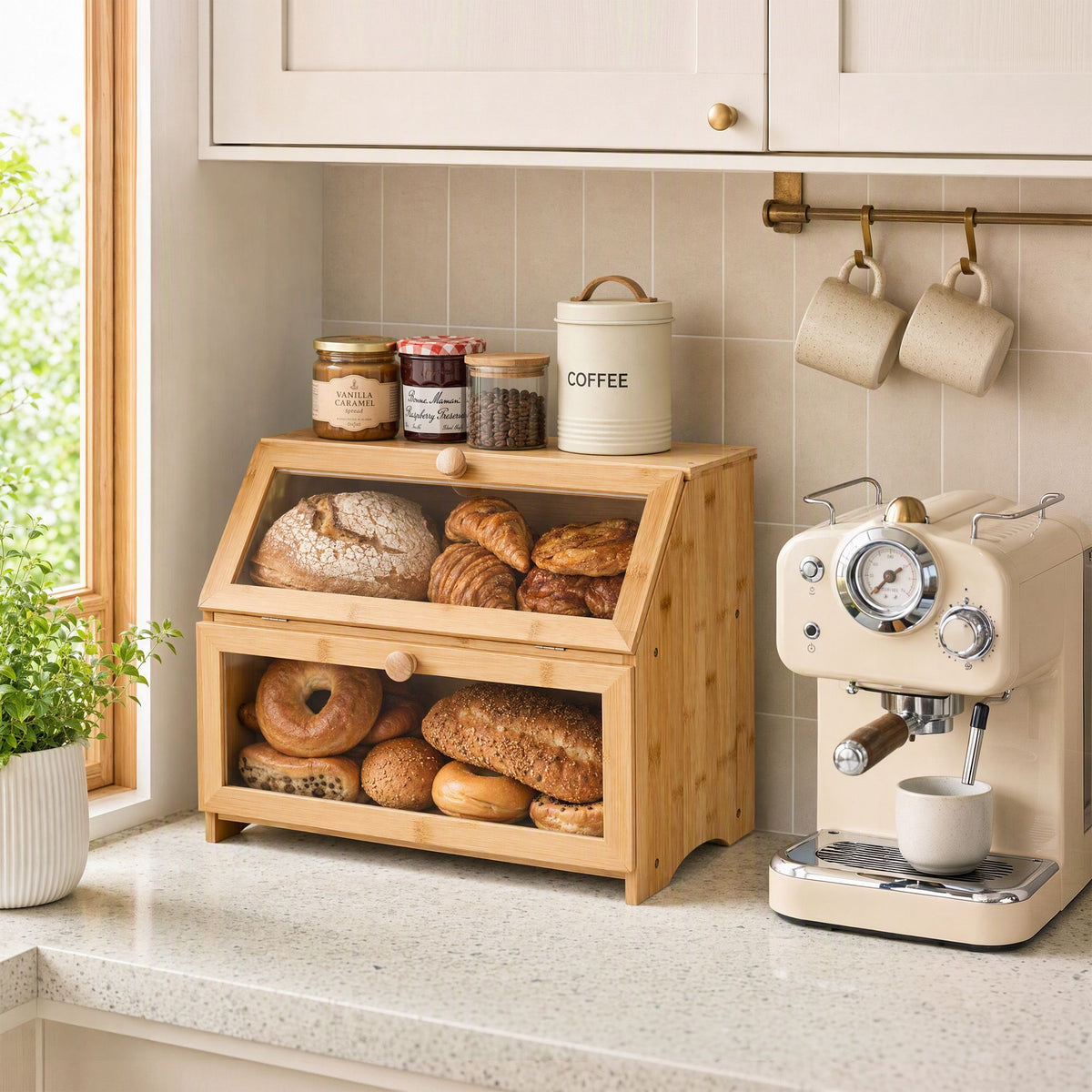 Artiss Bamboo Bread Box 2-Tier Kitchen Countertop Storage 39cm Natural