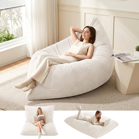 Artiss 3 in 1 Bean Bag Chair Cover (No Filler) Convertible Bean Bag, Corduroy Stuffed Animal Storage Bean Bag Cover, Beige