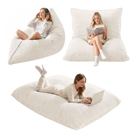 Artiss 3 in 1 Bean Bag Chair Cover (No Filler) Convertible Bean Bag, Corduroy Stuffed Animal Storage Bean Bag Cover, Beige