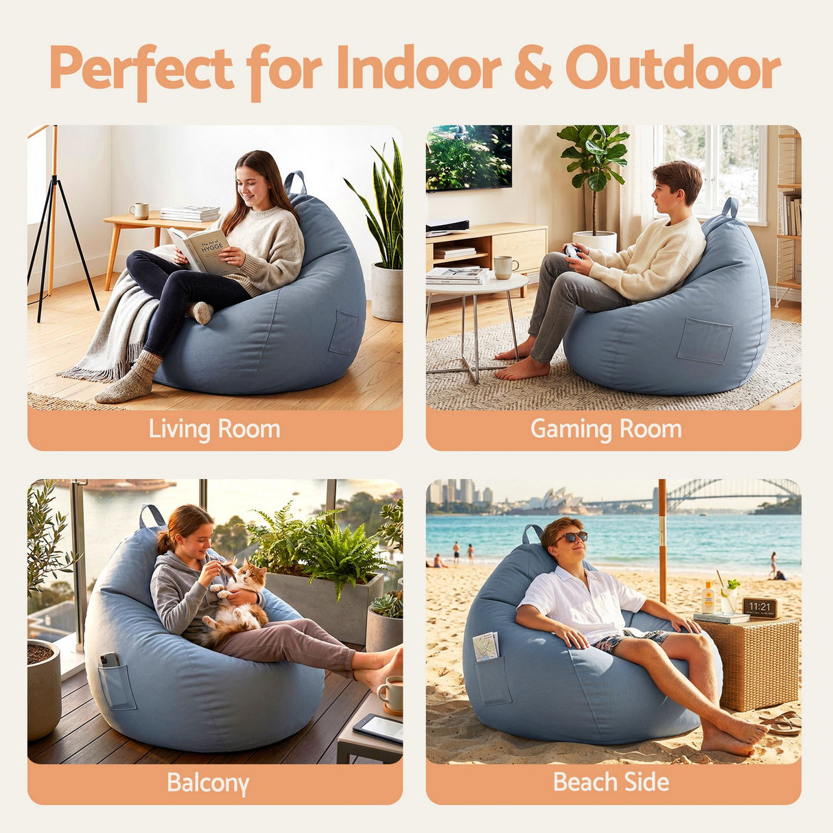 Artiss Outdoor Bean Bag Chair Cover (No Filler) Splash-Proof Beanbag Sofacover for Adults Teens Kids Stuffable Bean Bag Cover for Patio Poolside Relaxing, Grey