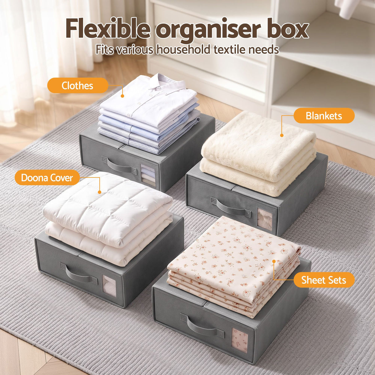 Artiss Bed Sheet Organisers Box Set 4Pcs Storage King Size Bedding Foldable Grey