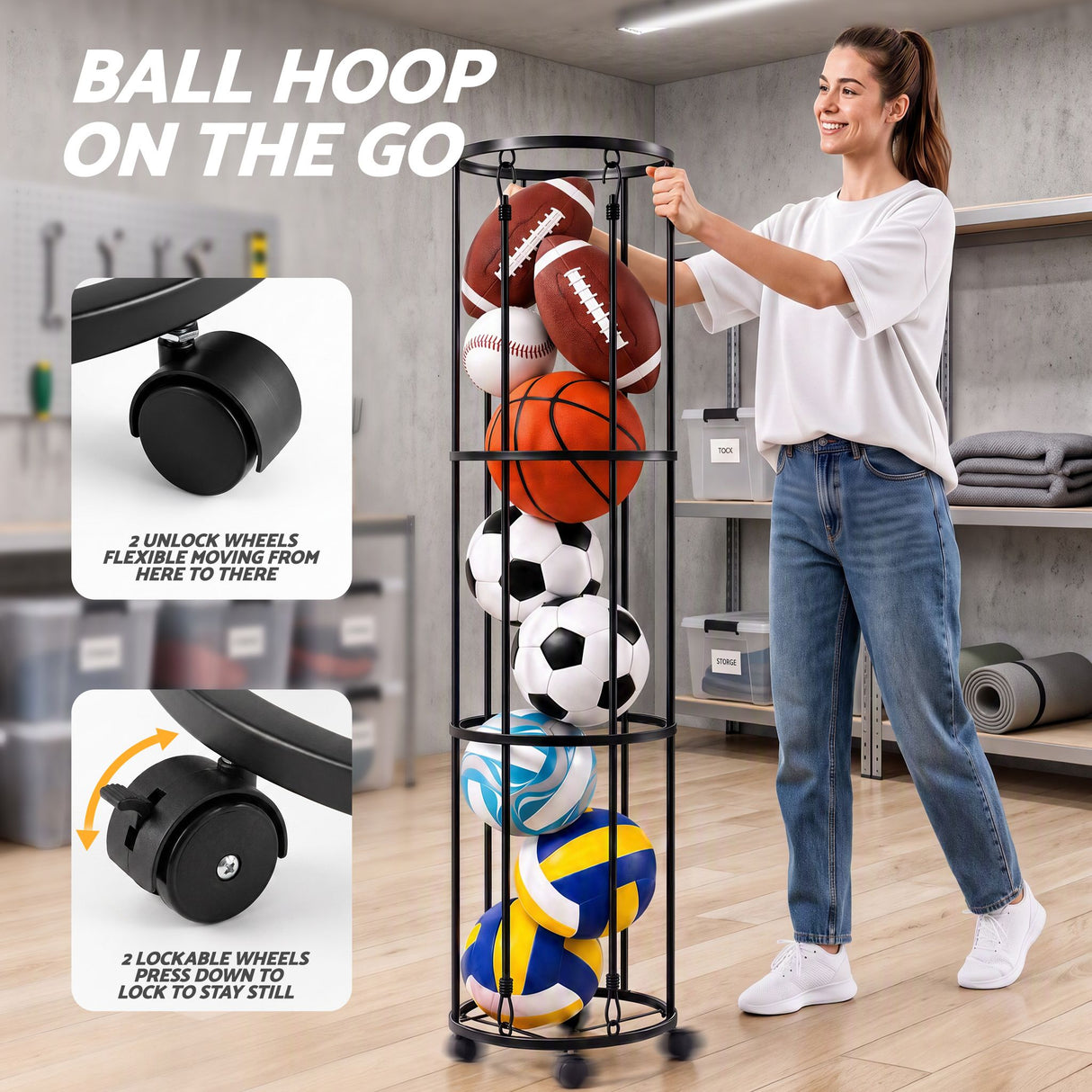 Everfit Vertical Ball Storage Rack with Wheels Sports Equipment Organiser