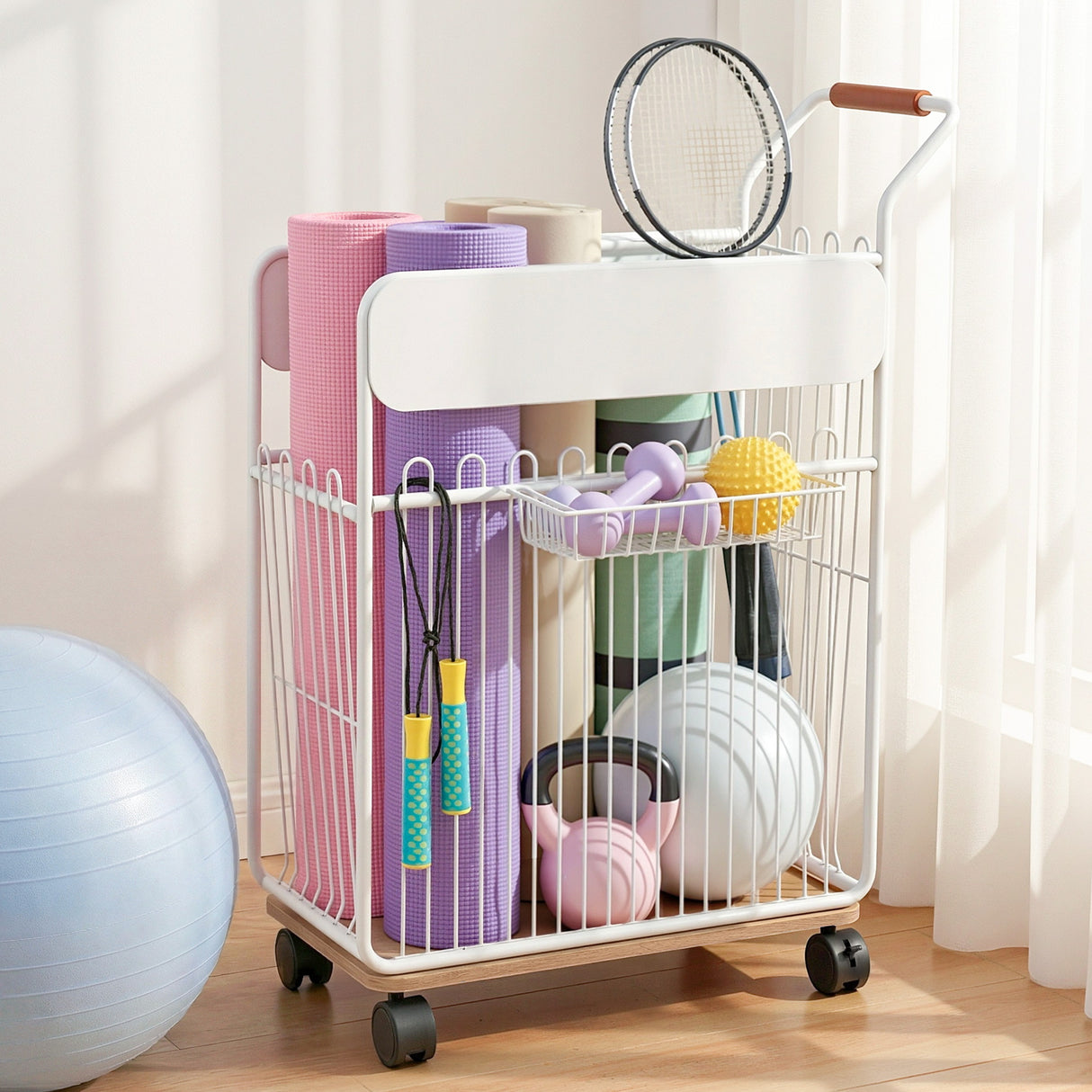 Everfit Yoga Mat Storage Rack Mobile Holder with Wheels Basket Home Gym Storage Organizer White