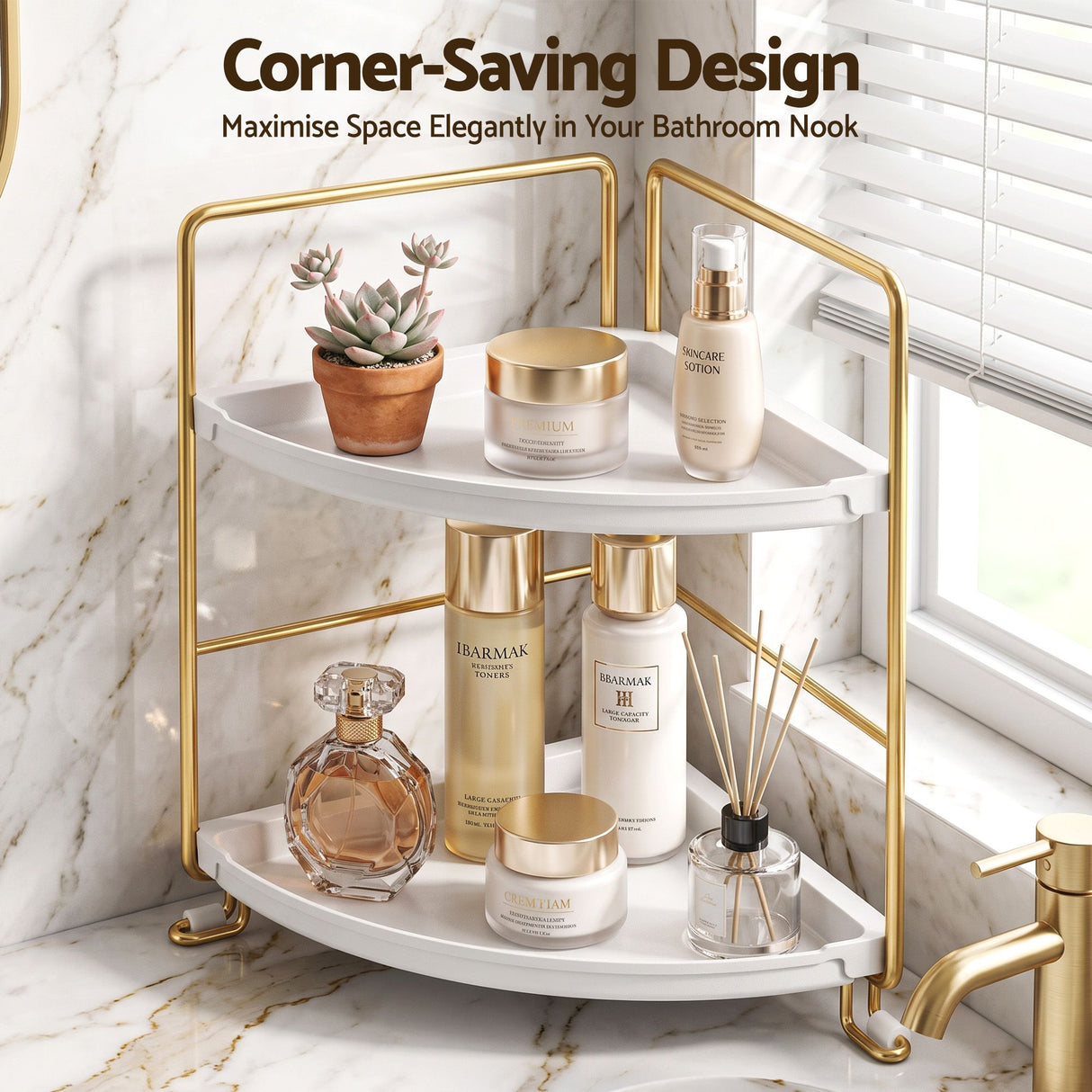 Artiss Bathroom Corner Shelf Countertop Organiser Vanity Storage Rack White Gold