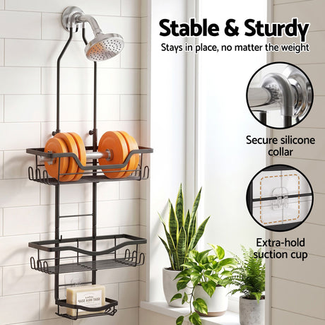 Black hanging organiser over head.