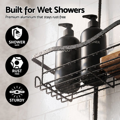Black hanging organiser over head.