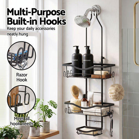 Black hanging organiser over head.