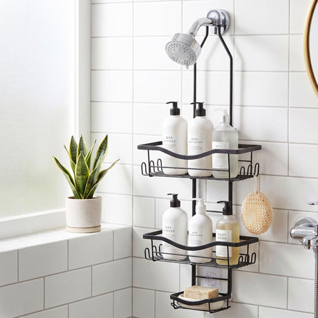 Black hanging organiser over head.