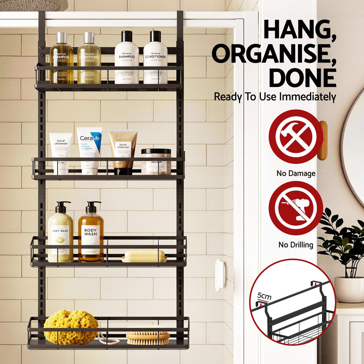 Artiss Over Door Bathroom Rack Hanging Organiser 4 Tier No Drill 91cm Black