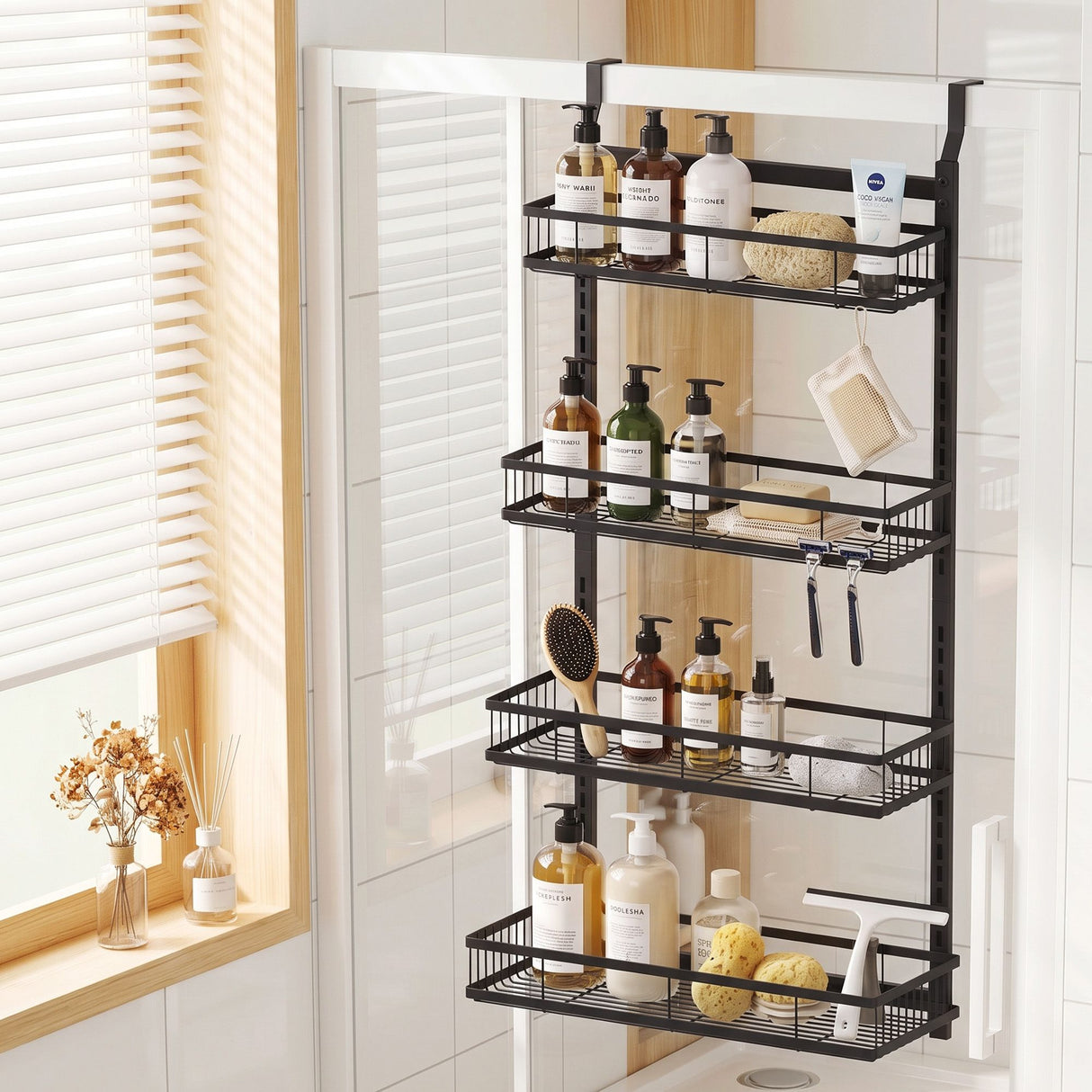 Artiss Over Door Bathroom Rack Hanging Organiser 4 Tier No Drill 91cm Black