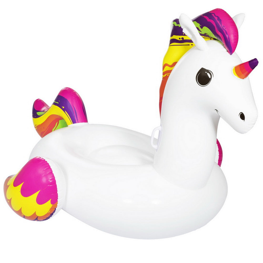 White and pink inflatable unicorn ride-on pool float with grab handles.