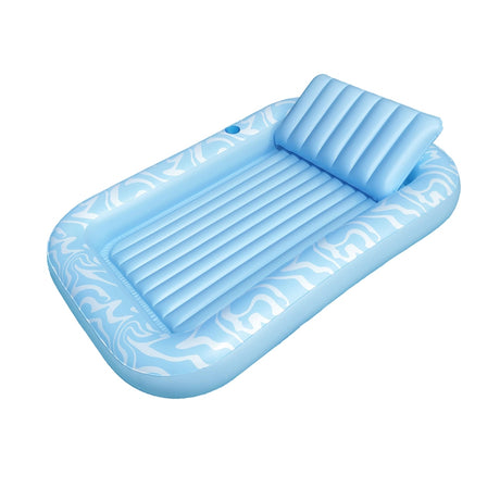Large inflatable pool lounge chair with a raised pillow back and a cup holder.