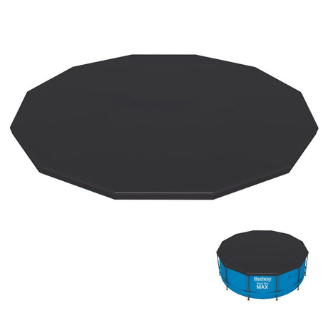 Blue round PVC pool cover sized for a 12ft above ground swimming pool.