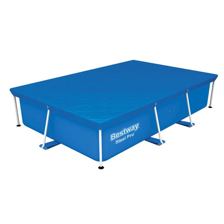 Blue rectangular PE pool cover measuring 264 by 174 centimetres.