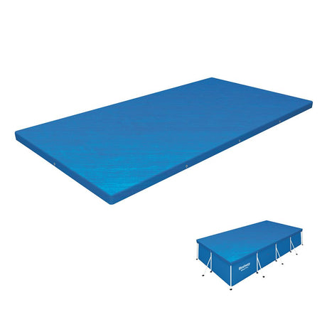 Blue rectangular PE pool cover sized for a 4 by 2.11 metre frame pool.