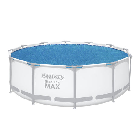 Blue bubble solar pool cover sized for a 12ft round above ground pool.